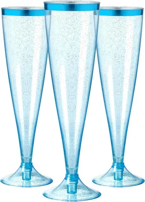 Homy Feel 5 OZ Blue Glitter Blue Rim Plastic Champagne Flutes 30 Pack, Disposable Wine Glasses for Party,Plastic Champagne Glasses Champagne Punch,Mimosa Bar Wedding Cups
