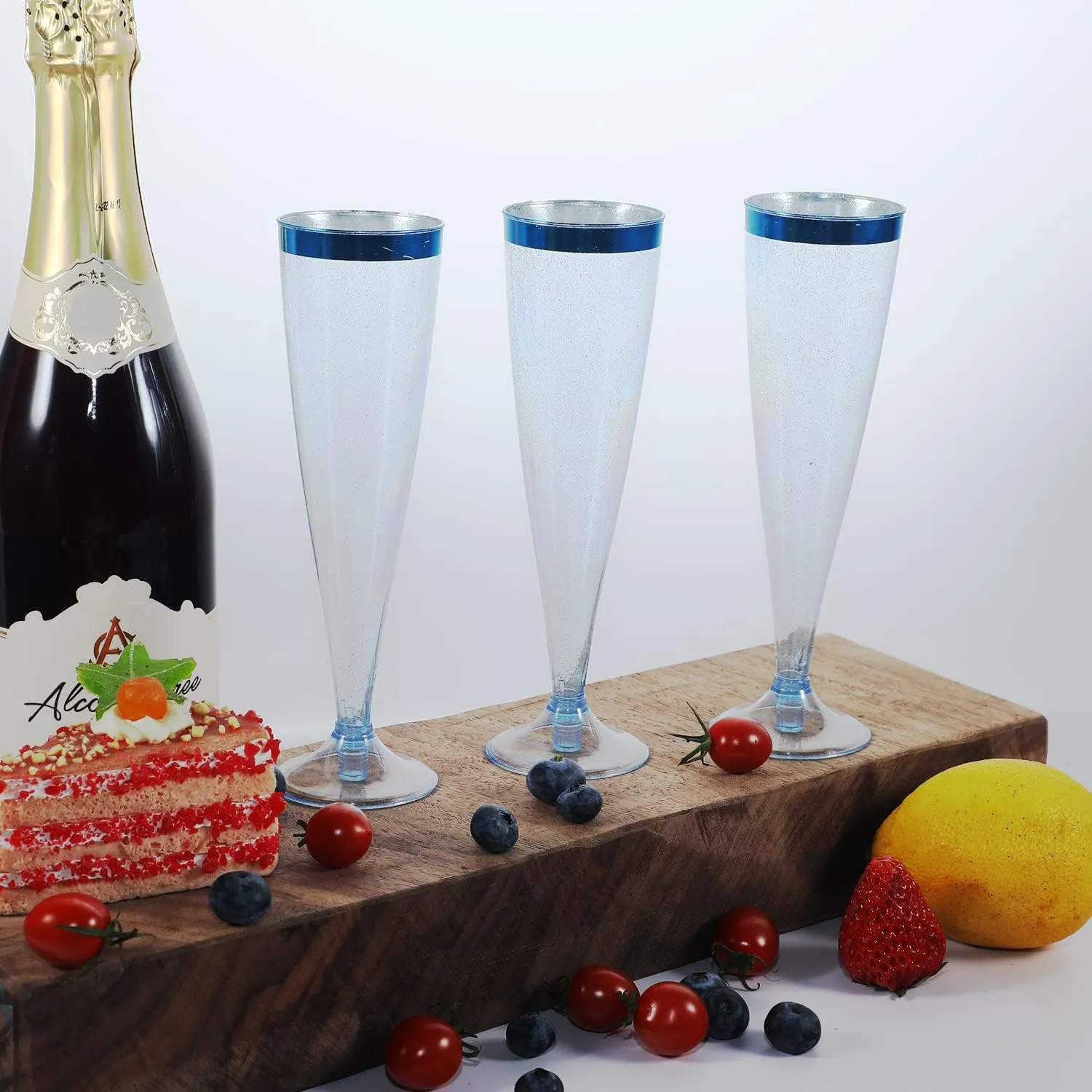Homy Feel 5 OZ Blue Glitter Blue Rim Plastic Champagne Flutes 30 Pack, Disposable Wine Glasses for Party,Plastic Champagne Glasses Champagne Punch,Mimosa Bar Wedding Cups