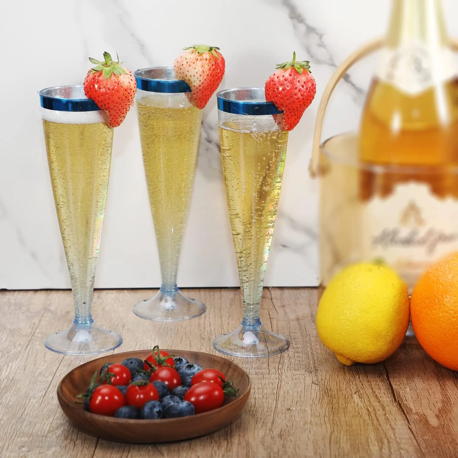 Homy Feel 5 OZ Blue Glitter Blue Rim Plastic Champagne Flutes 30 Pack, Disposable Wine Glasses for Party,Plastic Champagne Glasses Champagne Punch,Mimosa Bar Wedding Cups