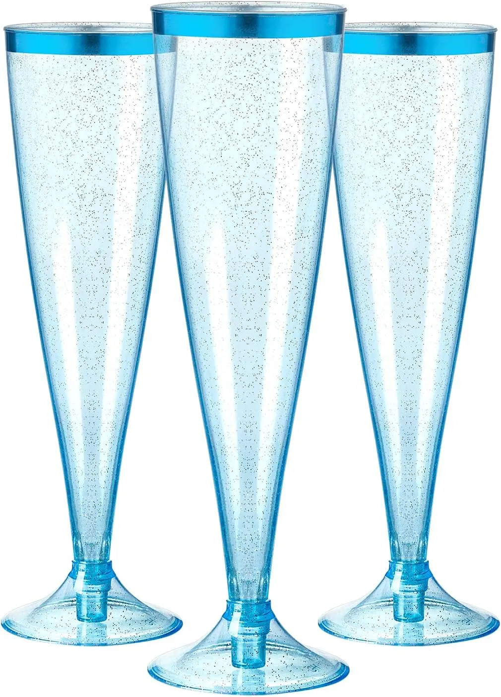 Homy Feel 5 OZ Blue Glitter Blue Rim Plastic Champagne Flutes 30 Pack, Disposable Wine Glasses for Party,Plastic Champagne Glasses Champagne Punch,Mimosa Bar Wedding Cups