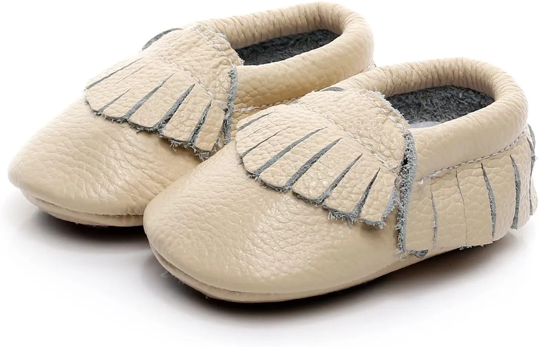 HONGTEYA Leather Baby Moccasins Hard Soled Tassel Crib Toddler Shoes for Boys and Girls…