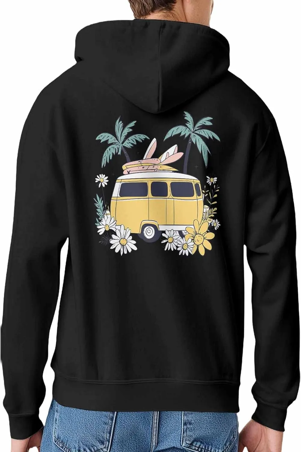 Hoodies for Men Campervan Flower Palm Tree Printed Sweatshirt HoodieDrawstring Long Sleeve Streetwear Hooded Pullover