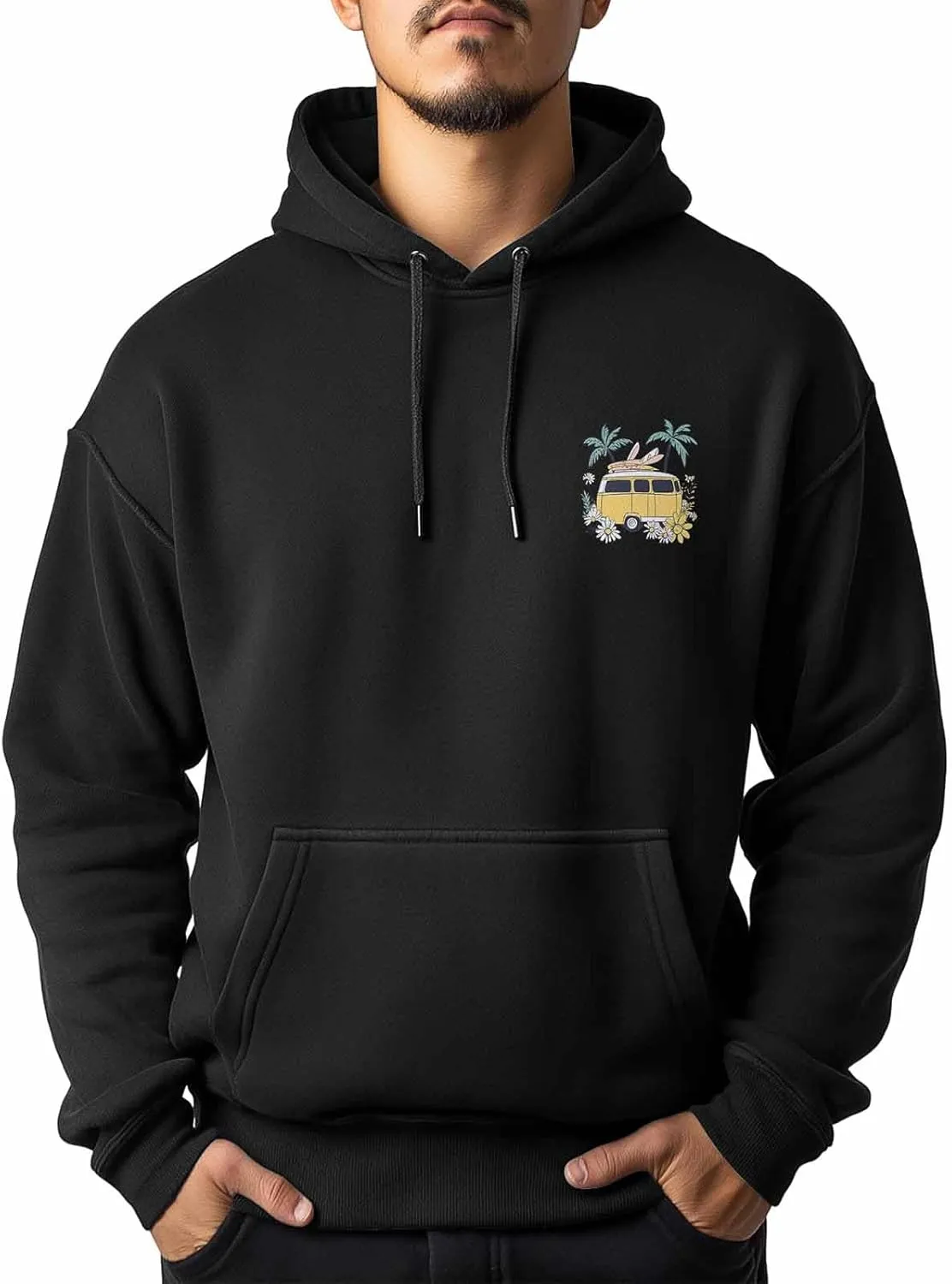 Hoodies for Men Campervan Flower Palm Tree Printed Sweatshirt HoodieDrawstring Long Sleeve Streetwear Hooded Pullover