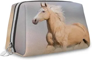 Horse,Leather Large Makeup Bag Zipper Pouch,Palomino Horse with Long Run in Dust,Travel Cosmetic Organizer for Women and Girls,Brown Yellow,M