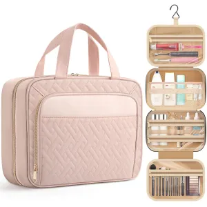 HOTOR Travel Toiletry Bag for Women & Men, Waterproof Makeup Bag with Hanging Hook and Multiple Pockets, Cosmetic Bags for Women, Travel Essentials, 11.2'' x 3.2'' x 8.9'', Pale Pink
