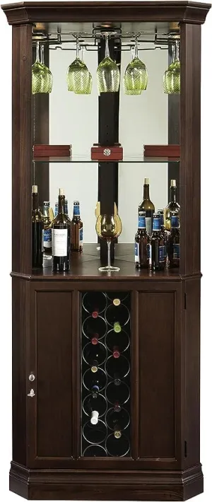 Howard Miller Lamb Corner Wine & Bar Cabinet II - Espresso Home Liquor Storage Cabinets with Stemware Rack & Interior Lightning for Collectibles, Office and Home Decor Floor Mount