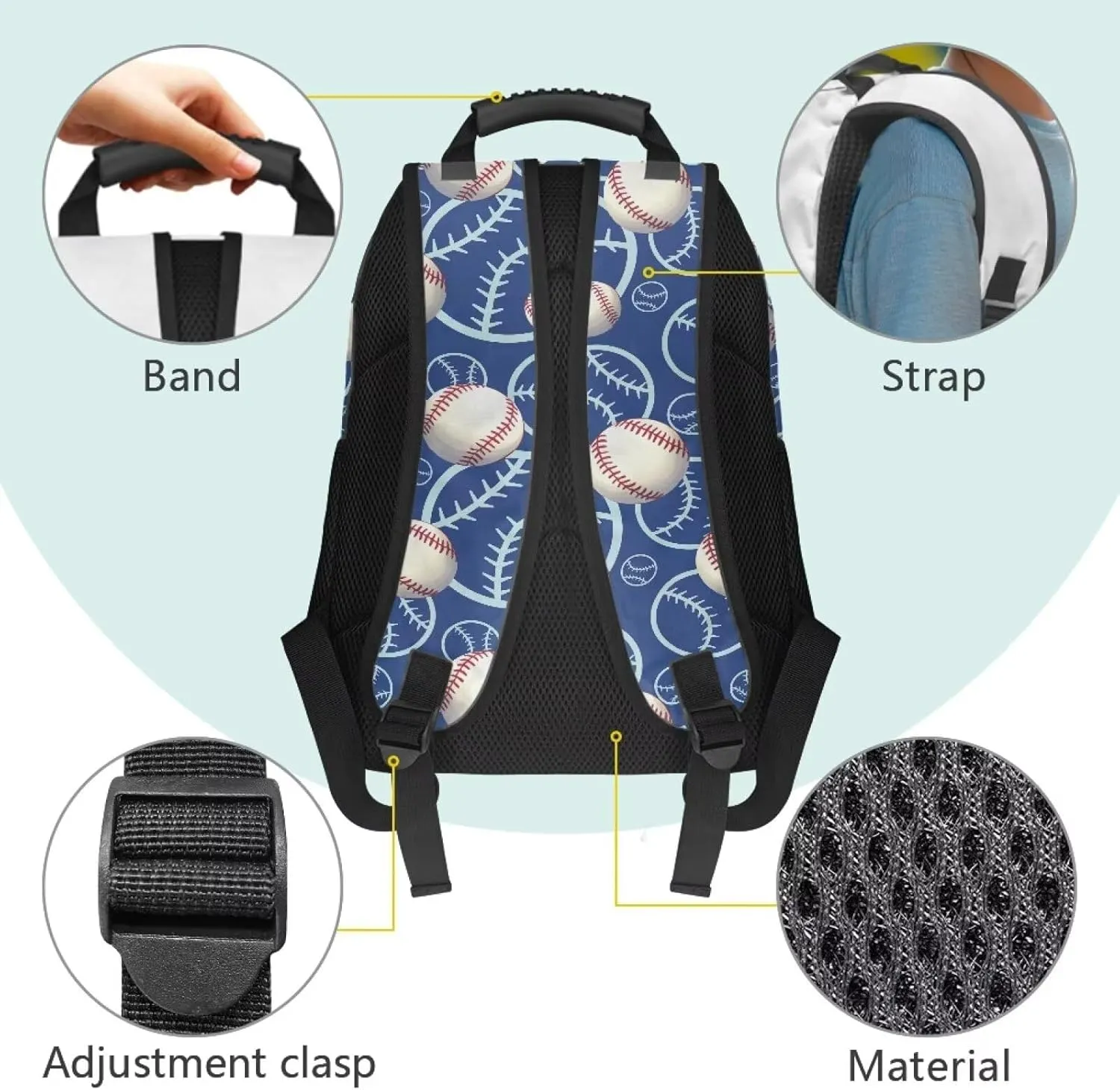 HUGS IDEA Baseball Rucksack for Teens Boys Water-Resistant School Bags with Side Pockets Multi-Compartment School Backpack for Elementary Students 17 Inch Kids Bookbag for Travel Camping