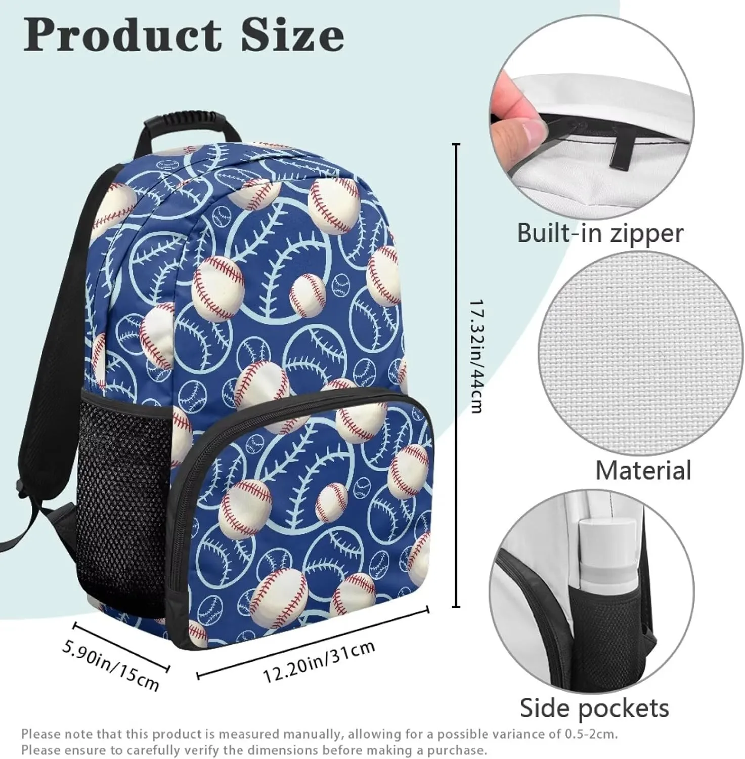 HUGS IDEA Baseball Rucksack for Teens Boys Water-Resistant School Bags with Side Pockets Multi-Compartment School Backpack for Elementary Students 17 Inch Kids Bookbag for Travel Camping