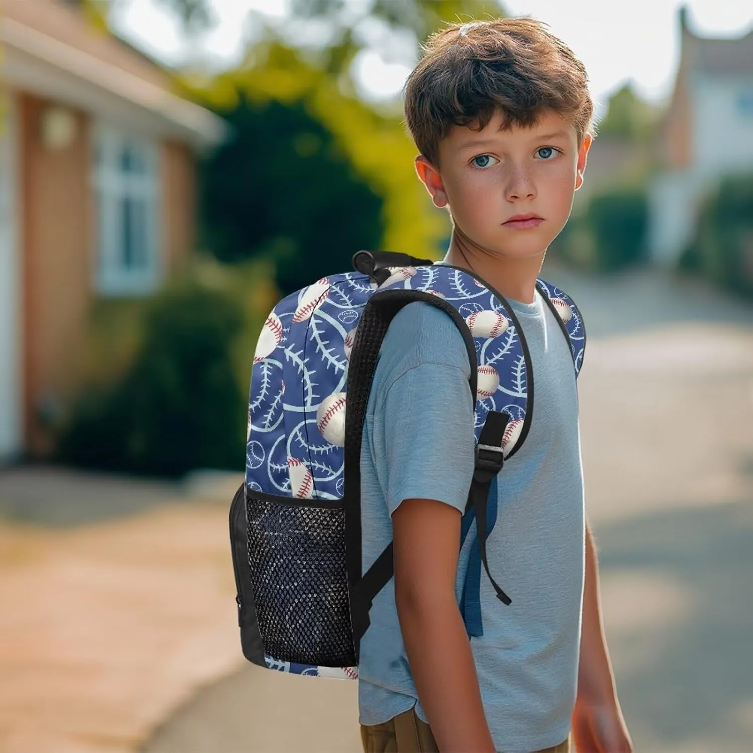 HUGS IDEA Baseball Rucksack for Teens Boys Water-Resistant School Bags with Side Pockets Multi-Compartment School Backpack for Elementary Students 17 Inch Kids Bookbag for Travel Camping