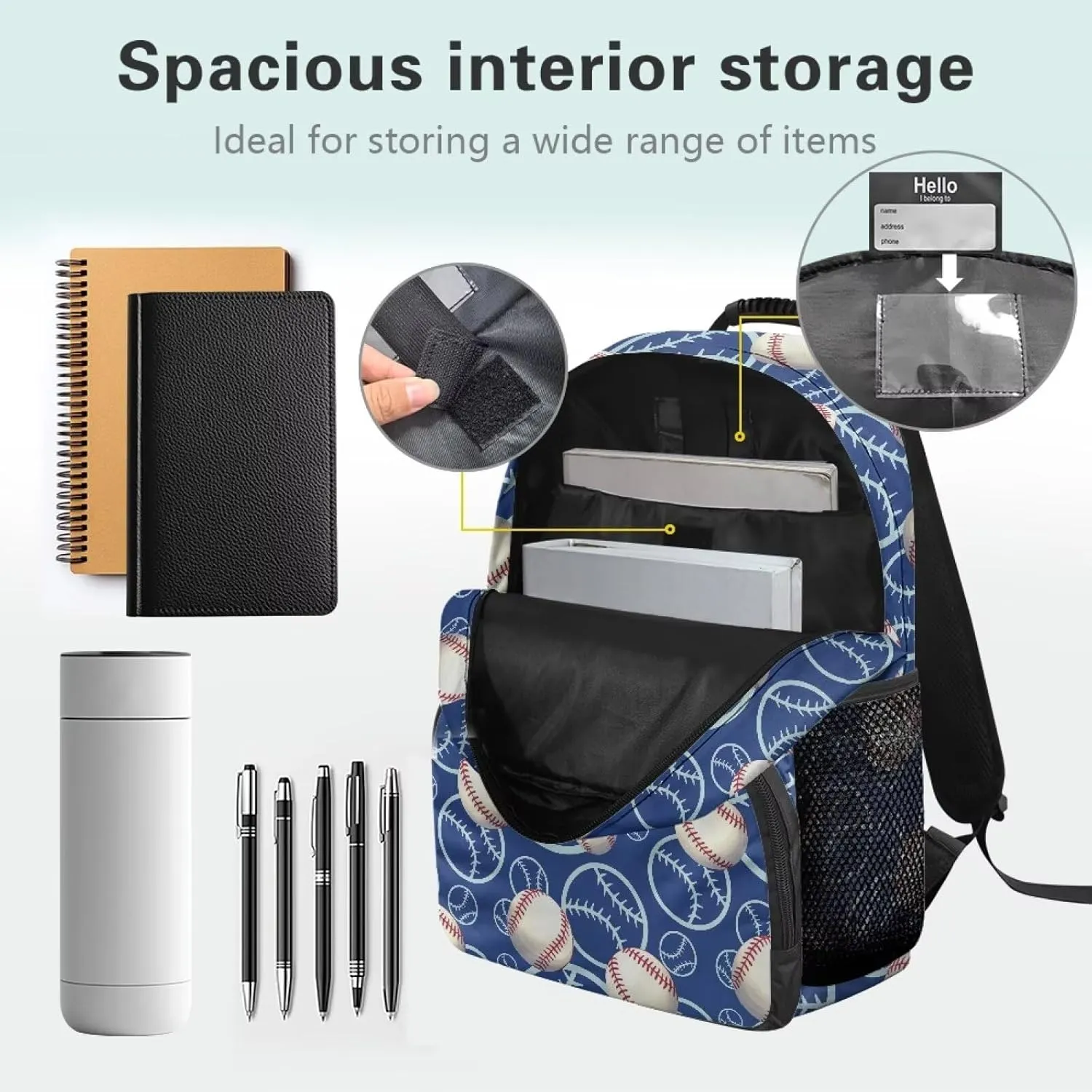 HUGS IDEA Baseball Rucksack for Teens Boys Water-Resistant School Bags with Side Pockets Multi-Compartment School Backpack for Elementary Students 17 Inch Kids Bookbag for Travel Camping