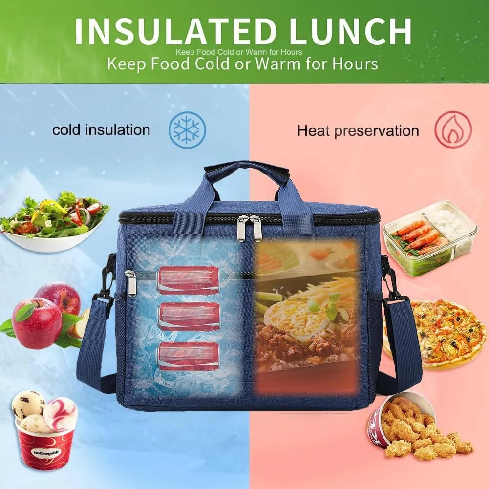iknoe 33L Large Cooler Bag - Foldable,Waterproof,Leakproof Lunch Bag with Shoulder Strap and Handle,Thick Aluminum Foil Insulation,Multiple Pockets for Lunch,Picnic,Beach,Camping,Travel (Navy blue)