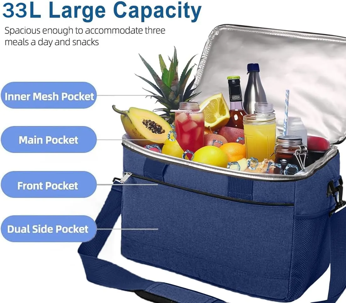 iknoe 33L Large Cooler Bag - Foldable,Waterproof,Leakproof Lunch Bag with Shoulder Strap and Handle,Thick Aluminum Foil Insulation,Multiple Pockets for Lunch,Picnic,Beach,Camping,Travel (Navy blue)