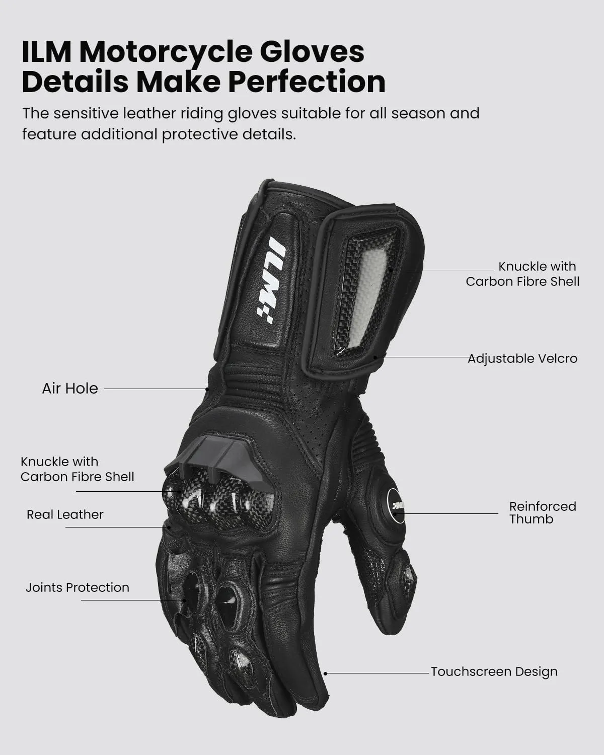 ILM Air Flow Leather Motorcycle Gloves for Men and Women Model-GRC01L (L, Black-Long)