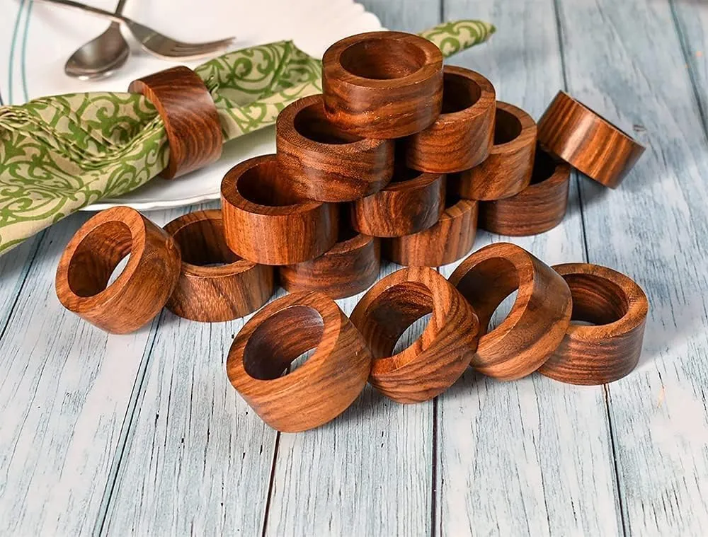 India Trend Wooden Round Sleek Plain Decorative 1.5 inch Napkin Rings Holders for Table Decor Dinner (Set of 12)