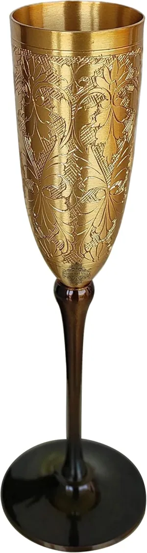 Indian Art Villa Brass Finish Embossed Design Flute Champagne Glass, Bareware, Bar Accessories & Tools For Bars, Catering Venues, Home, Office, Party, Hotels, Volume- 7 Oz