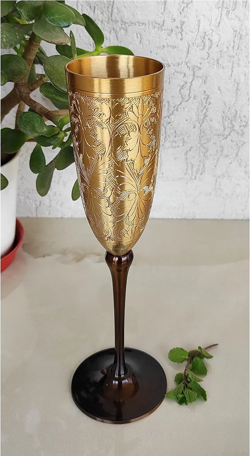 Indian Art Villa Brass Finish Embossed Design Flute Champagne Glass, Bareware, Bar Accessories & Tools For Bars, Catering Venues, Home, Office, Party, Hotels, Volume- 7 Oz