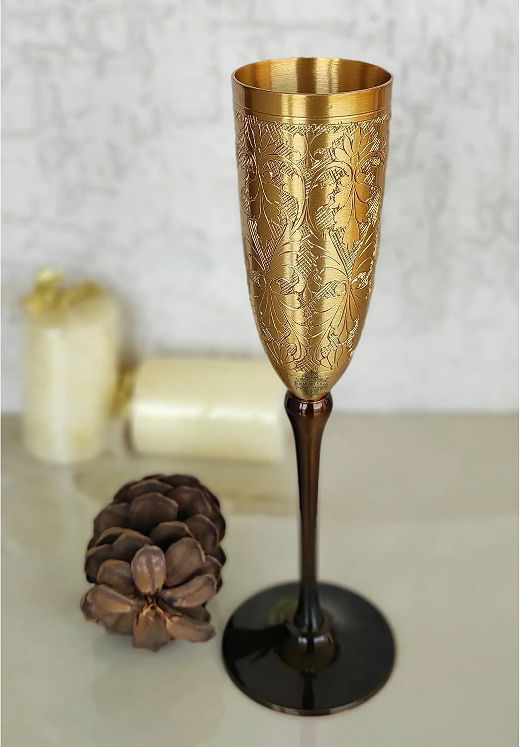 Indian Art Villa Brass Finish Embossed Design Flute Champagne Glass, Bareware, Bar Accessories & Tools For Bars, Catering Venues, Home, Office, Party, Hotels, Volume- 7 Oz