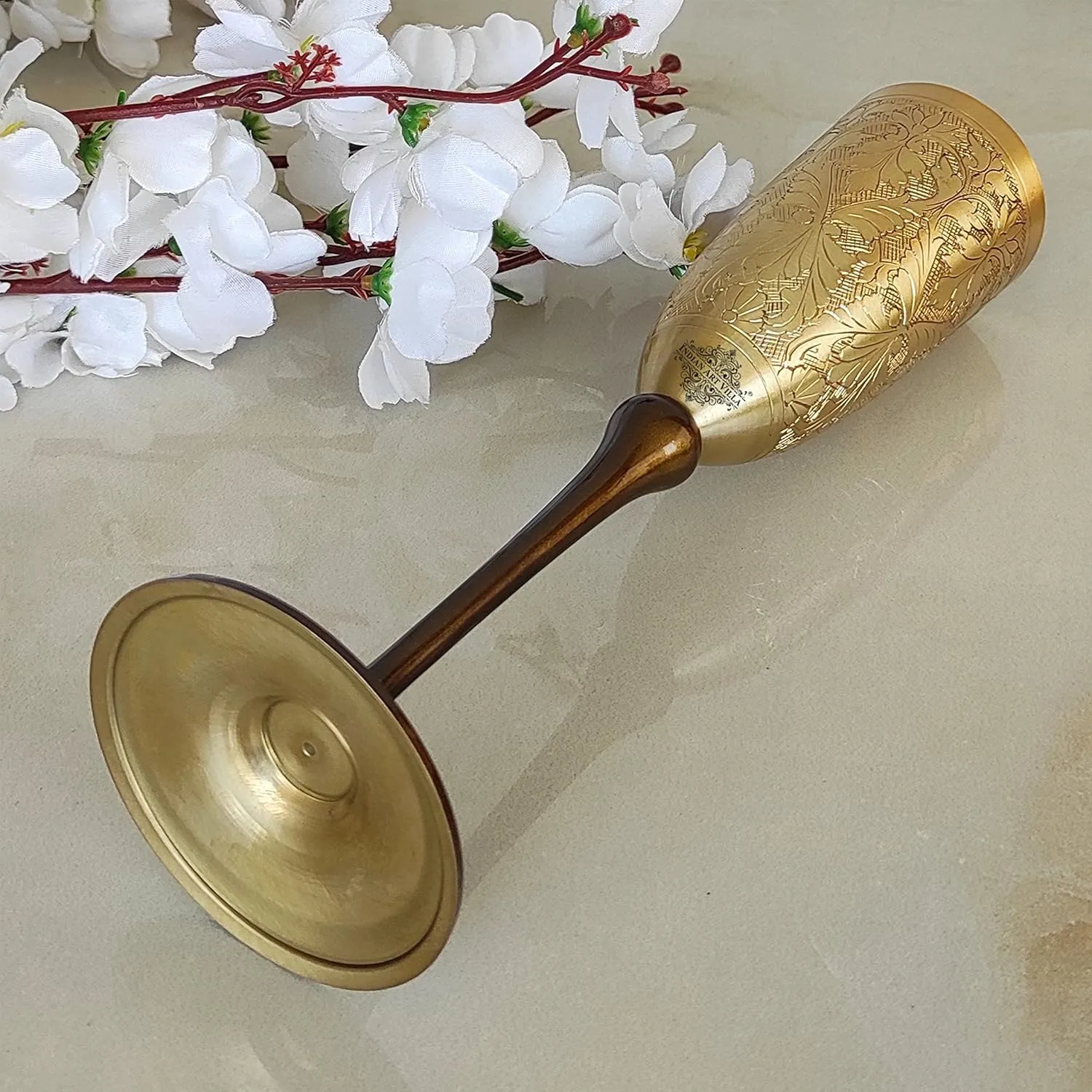 Indian Art Villa Brass Finish Embossed Design Flute Champagne Glass, Bareware, Bar Accessories & Tools For Bars, Catering Venues, Home, Office, Party, Hotels, Volume- 7 Oz