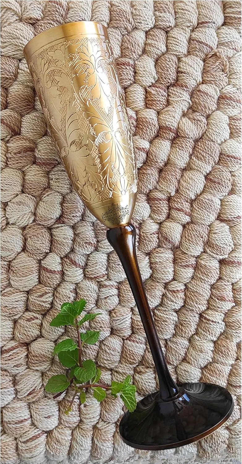 Indian Art Villa Brass Finish Embossed Design Flute Champagne Glass, Bareware, Bar Accessories & Tools For Bars, Catering Venues, Home, Office, Party, Hotels, Volume- 7 Oz