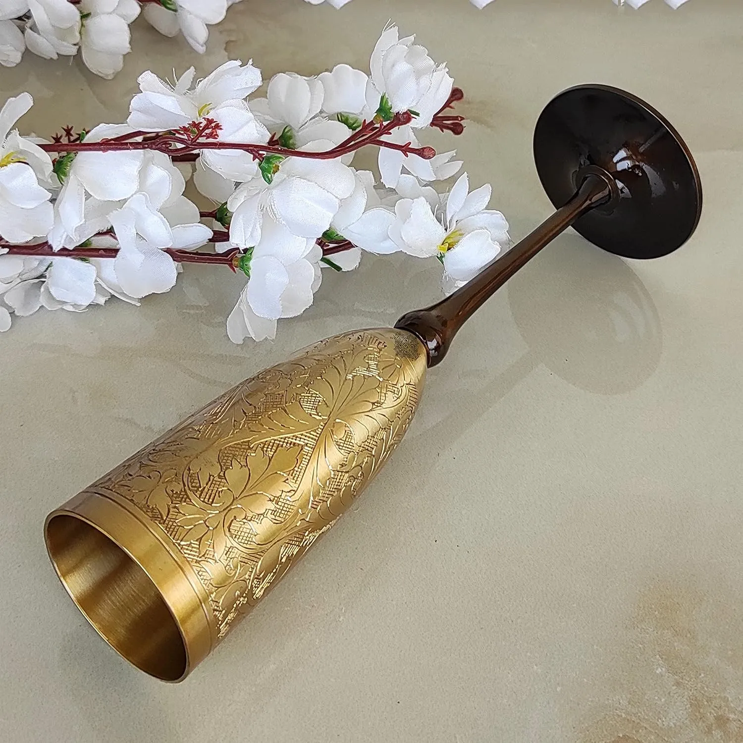 Indian Art Villa Brass Finish Embossed Design Flute Champagne Glass, Bareware, Bar Accessories & Tools For Bars, Catering Venues, Home, Office, Party, Hotels, Volume- 7 Oz
