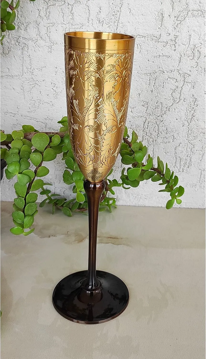 Indian Art Villa Brass Finish Embossed Design Flute Champagne Glass, Bareware, Bar Accessories & Tools For Bars, Catering Venues, Home, Office, Party, Hotels, Volume- 7 Oz