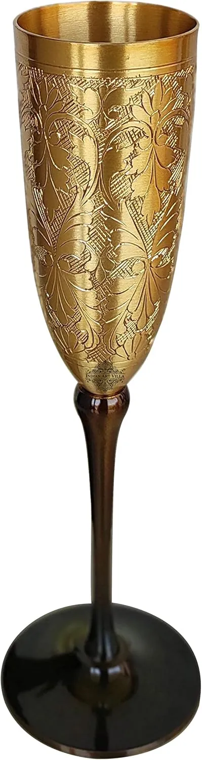 Indian Art Villa Brass Finish Embossed Design Flute Champagne Glass, Bareware, Bar Accessories & Tools For Bars, Catering Venues, Home, Office, Party, Hotels, Volume- 7 Oz
