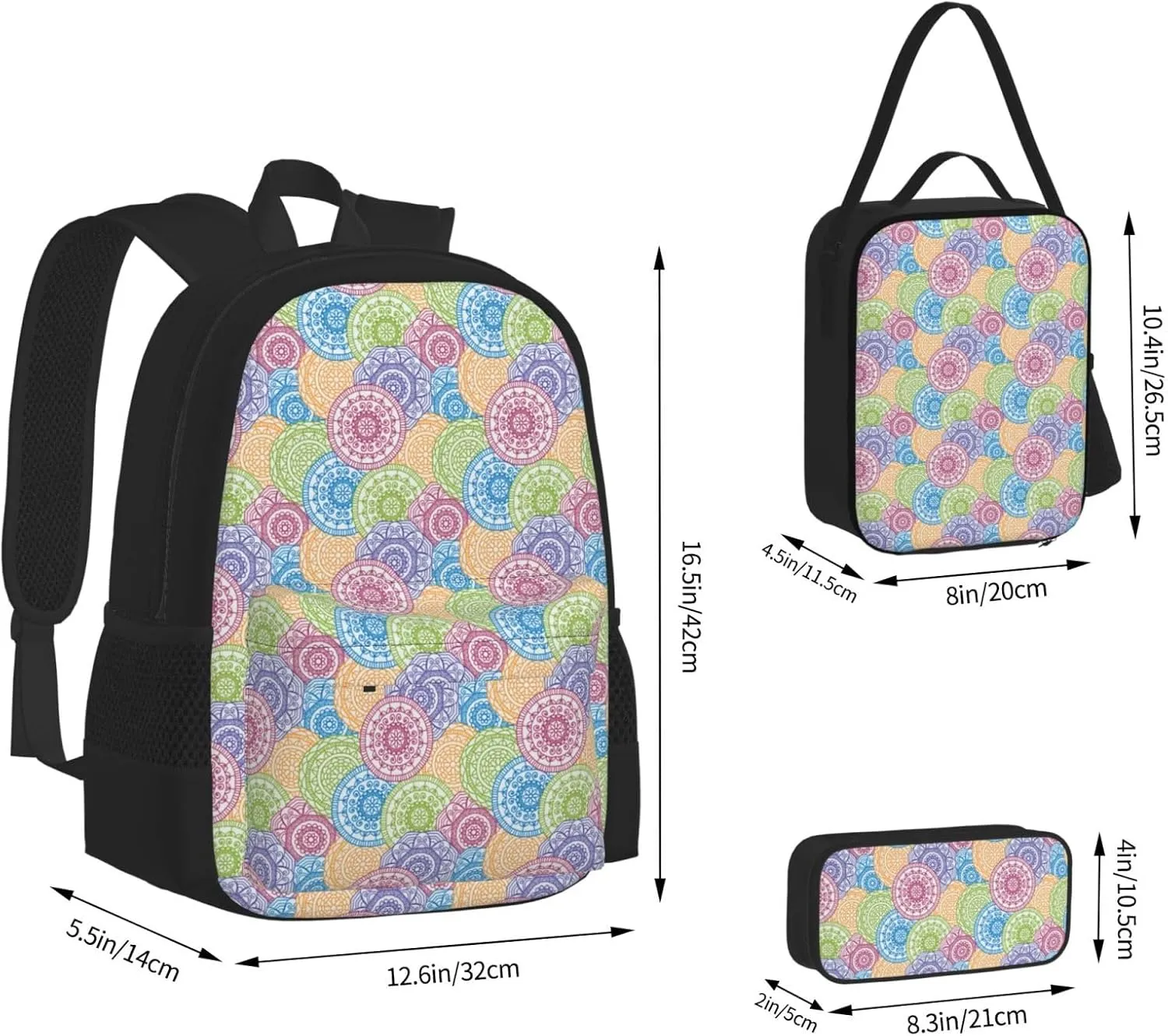 Indian Hippie Boho Mandala Multifunctional Pocket Backpack Crossbody Lunch Bag Pencil Case 3Pcs Set Large Capacity Backpack