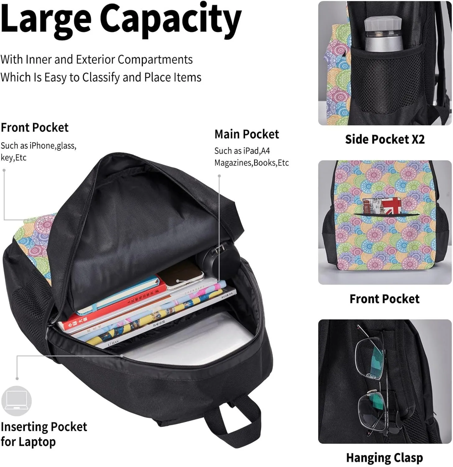 Indian Hippie Boho Mandala Multifunctional Pocket Backpack Crossbody Lunch Bag Pencil Case 3Pcs Set Large Capacity Backpack