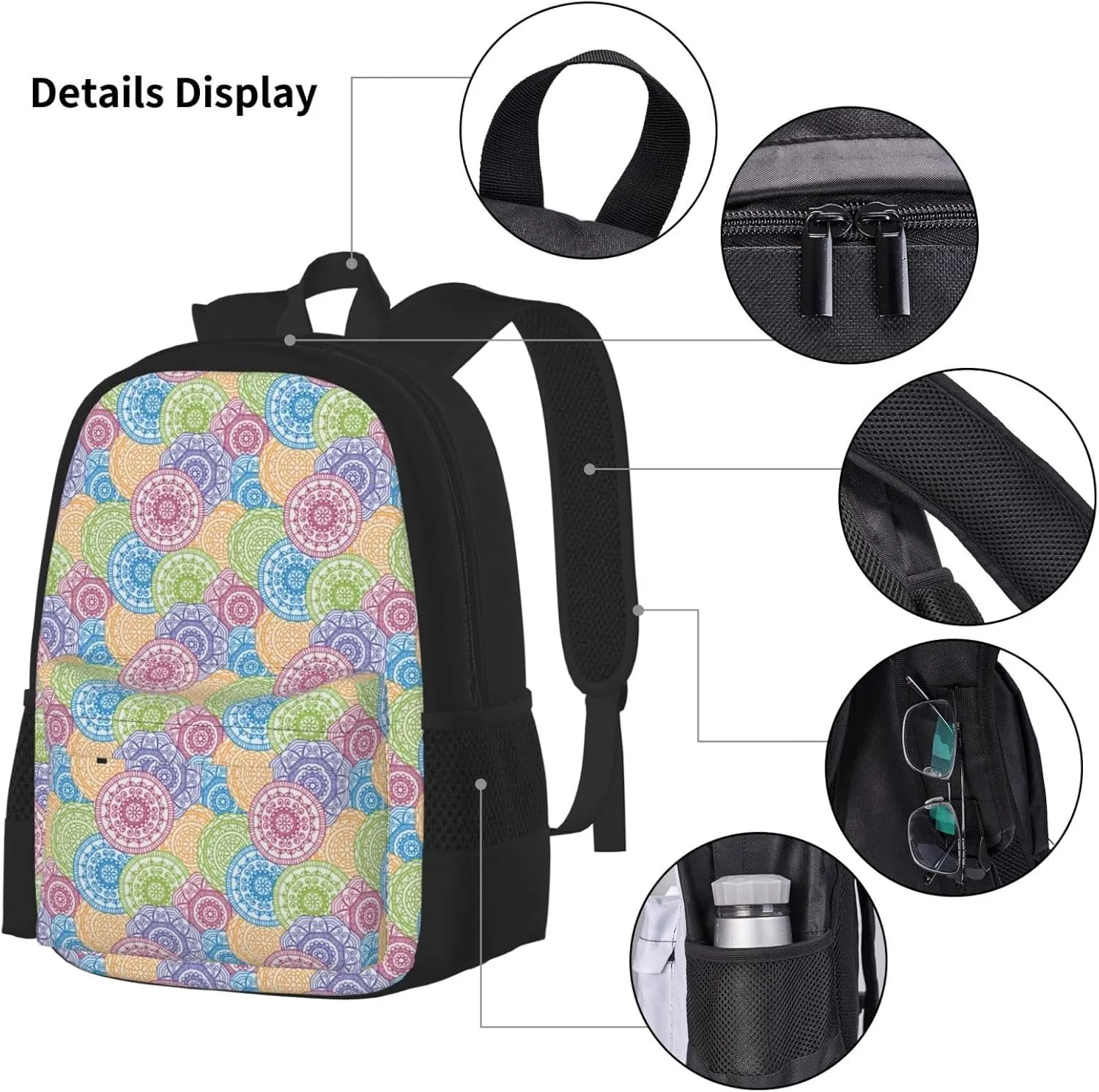 Indian Hippie Boho Mandala Multifunctional Pocket Backpack Crossbody Lunch Bag Pencil Case 3Pcs Set Large Capacity Backpack