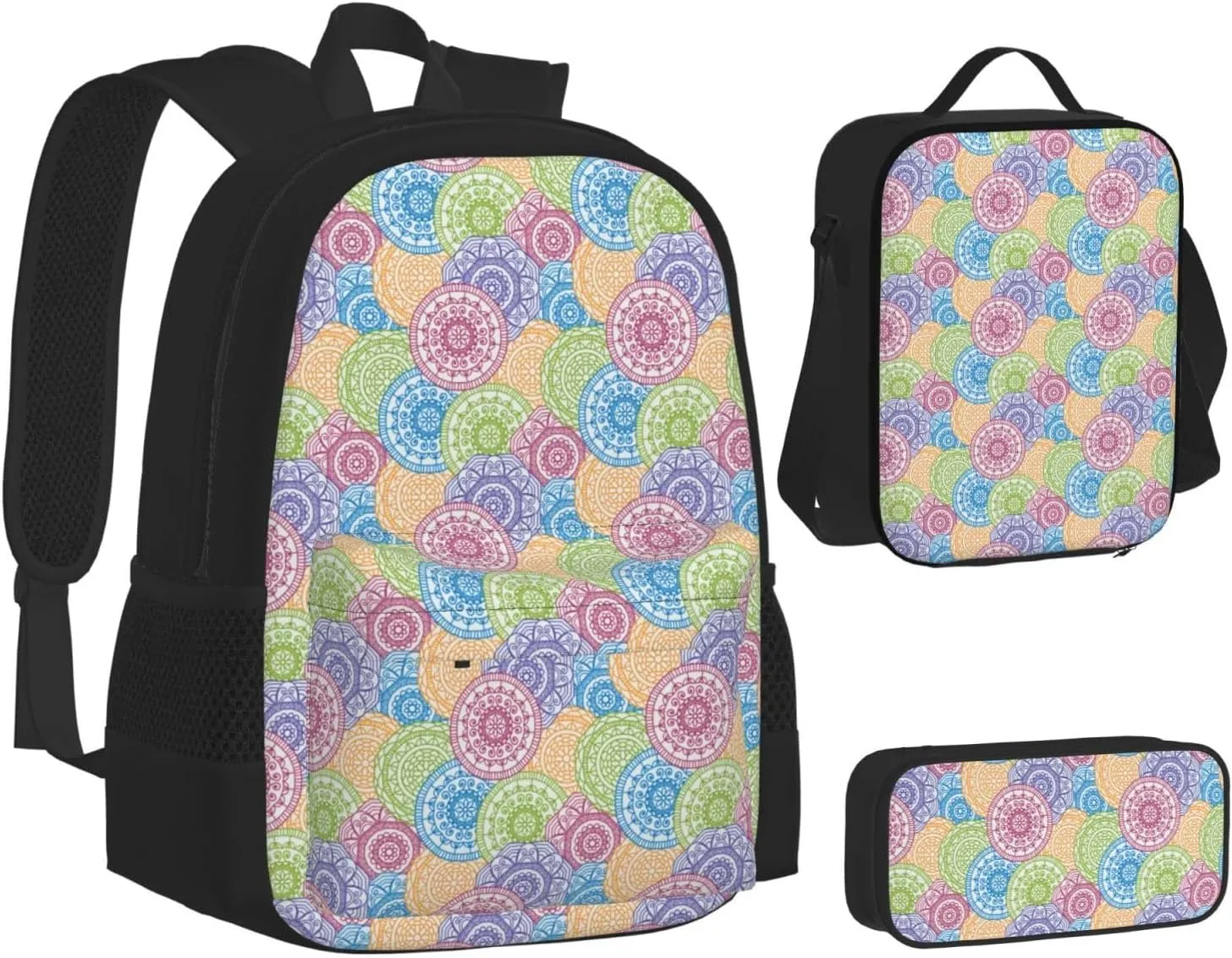Indian Hippie Boho Mandala Multifunctional Pocket Backpack Crossbody Lunch Bag Pencil Case 3Pcs Set Large Capacity Backpack