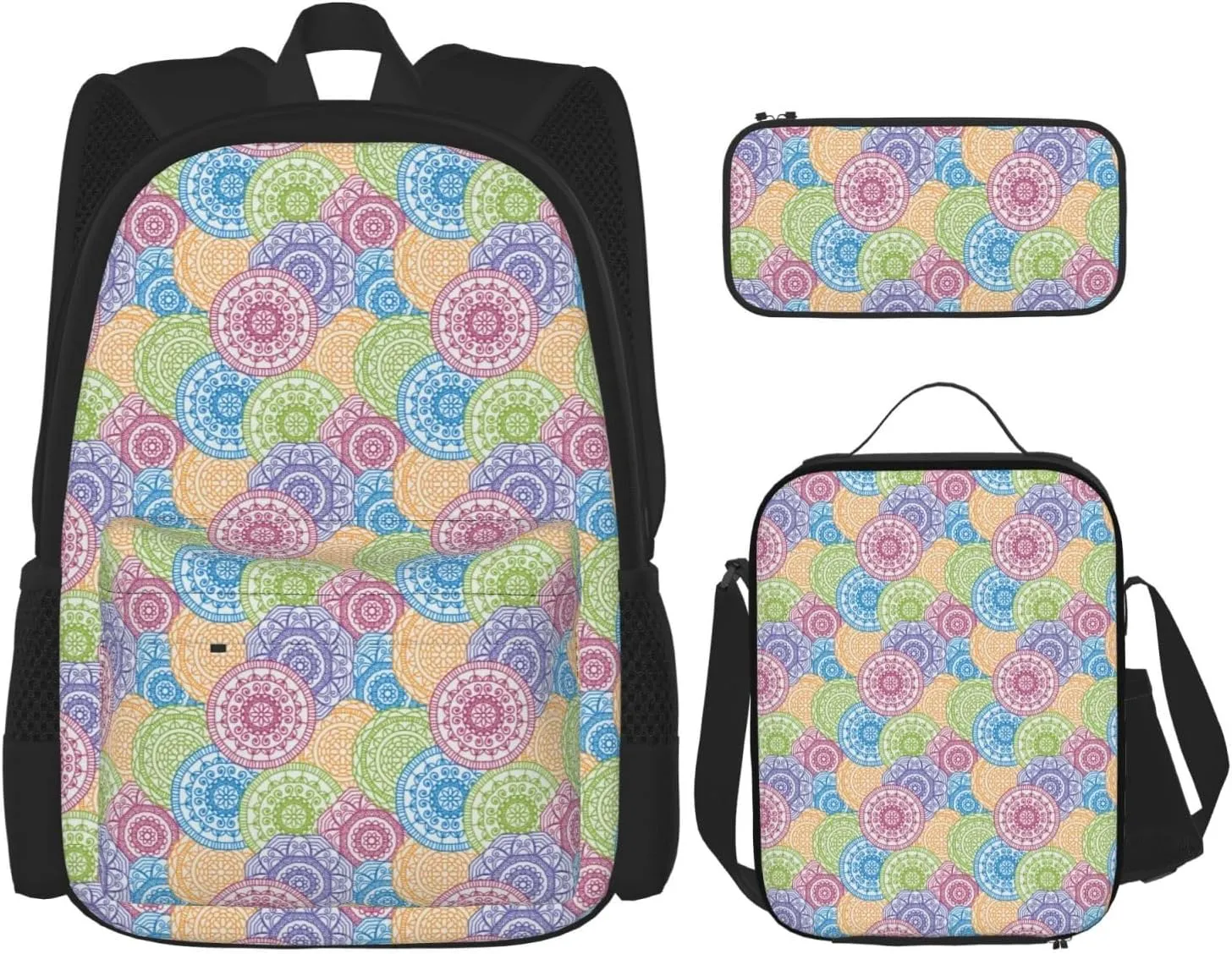 Indian Hippie Boho Mandala Multifunctional Pocket Backpack Crossbody Lunch Bag Pencil Case 3Pcs Set Large Capacity Backpack