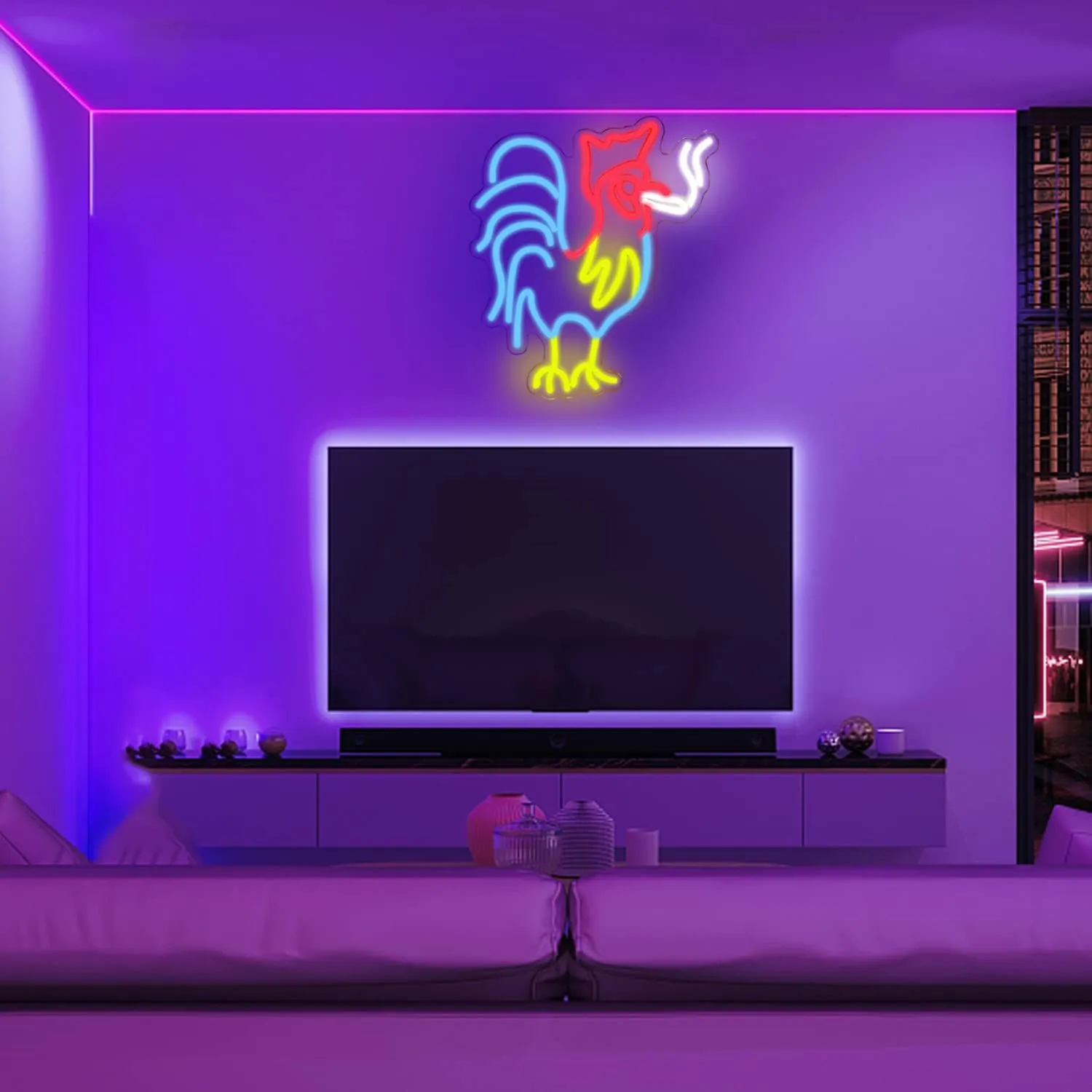 ineonlife Rooster Chicken Neon Sign Red Blue Led Signs for Wall Decor Animal Lights Room Decor Birthday Party Gifts Decoration Aesthetic