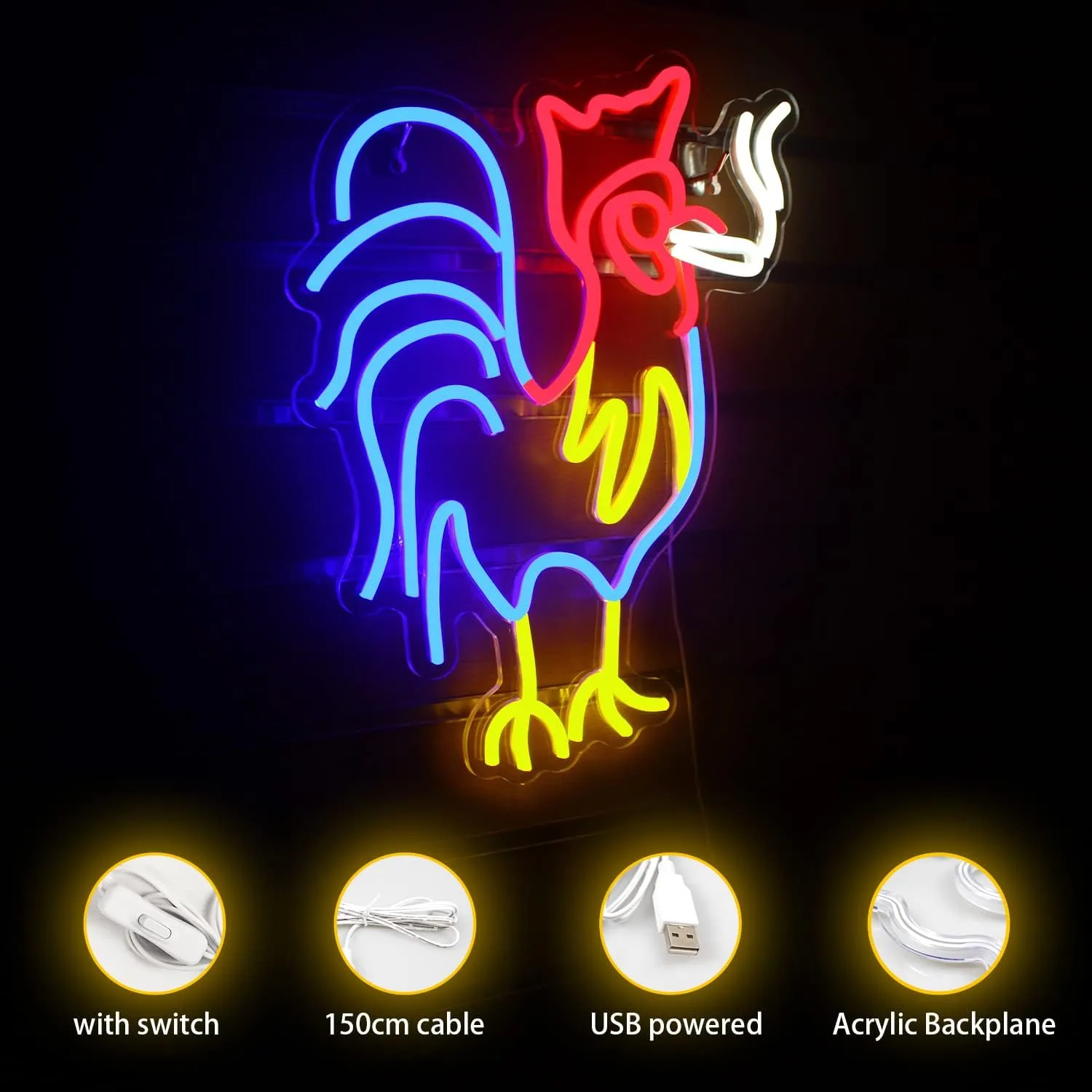 ineonlife Rooster Chicken Neon Sign Red Blue Led Signs for Wall Decor Animal Lights Room Decor Birthday Party Gifts Decoration Aesthetic