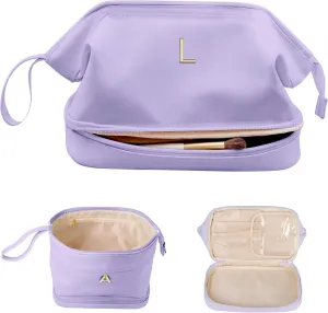 Initial Large Makeup Bag, Gift for Women Personalized Double Layer Cosmetic Bag with Makeup Brush Organizer, Teacher Gift, Large Capacity PU Leather Travel Toiletry Bag Graduation Gift