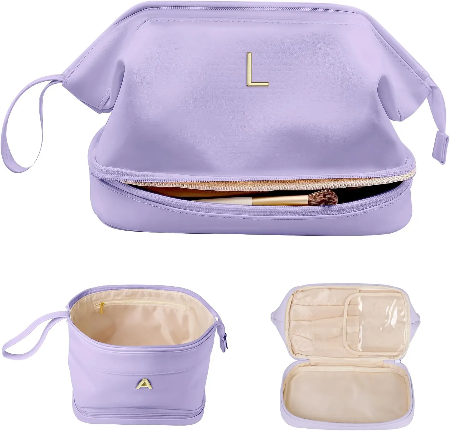 Initial Large Makeup Bag, Gift for Women Personalized Double Layer Cosmetic Bag with Makeup Brush Organizer, Teacher Gift, Large Capacity PU Leather Travel Toiletry Bag Graduation Gift