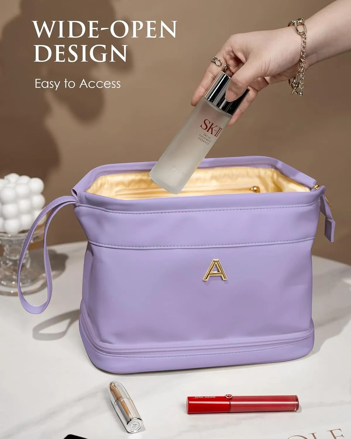 Initial Large Makeup Bag, Gift for Women Personalized Double Layer Cosmetic Bag with Makeup Brush Organizer, Teacher Gift, Large Capacity PU Leather Travel Toiletry Bag Graduation Gift