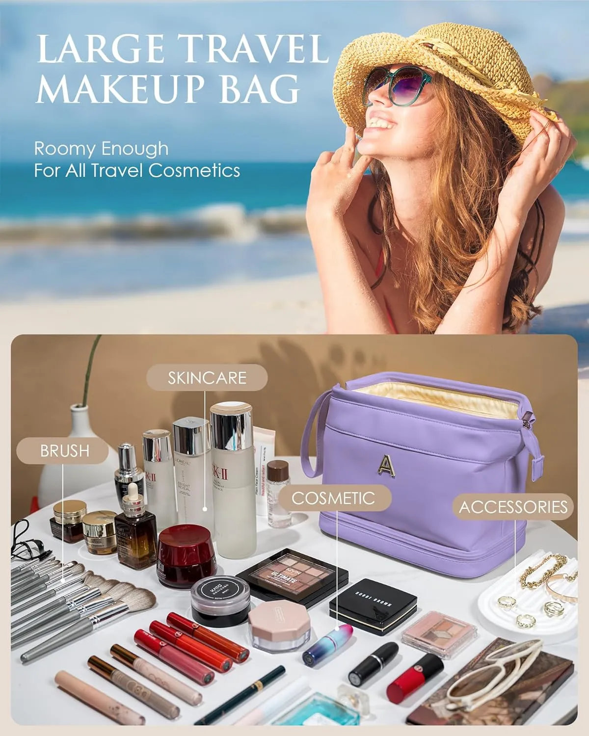 Initial Large Makeup Bag, Gift for Women Personalized Double Layer Cosmetic Bag with Makeup Brush Organizer, Teacher Gift, Large Capacity PU Leather Travel Toiletry Bag Graduation Gift