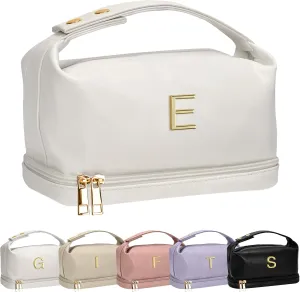 Initial Makeup Bag Personalized Bags with Handle, Waterproof Double Layer Cosmetic Bag, Large Capacity PU Leather Makeup Bags Letter Travel Toiletry Bag with Makeup Brush Organizer