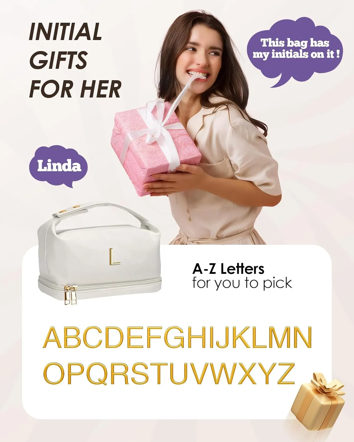 Initial Makeup Bag Personalized Bags with Handle, Waterproof Double Layer Cosmetic Bag, Large Capacity PU Leather Makeup Bags Letter Travel Toiletry Bag with Makeup Brush Organizer