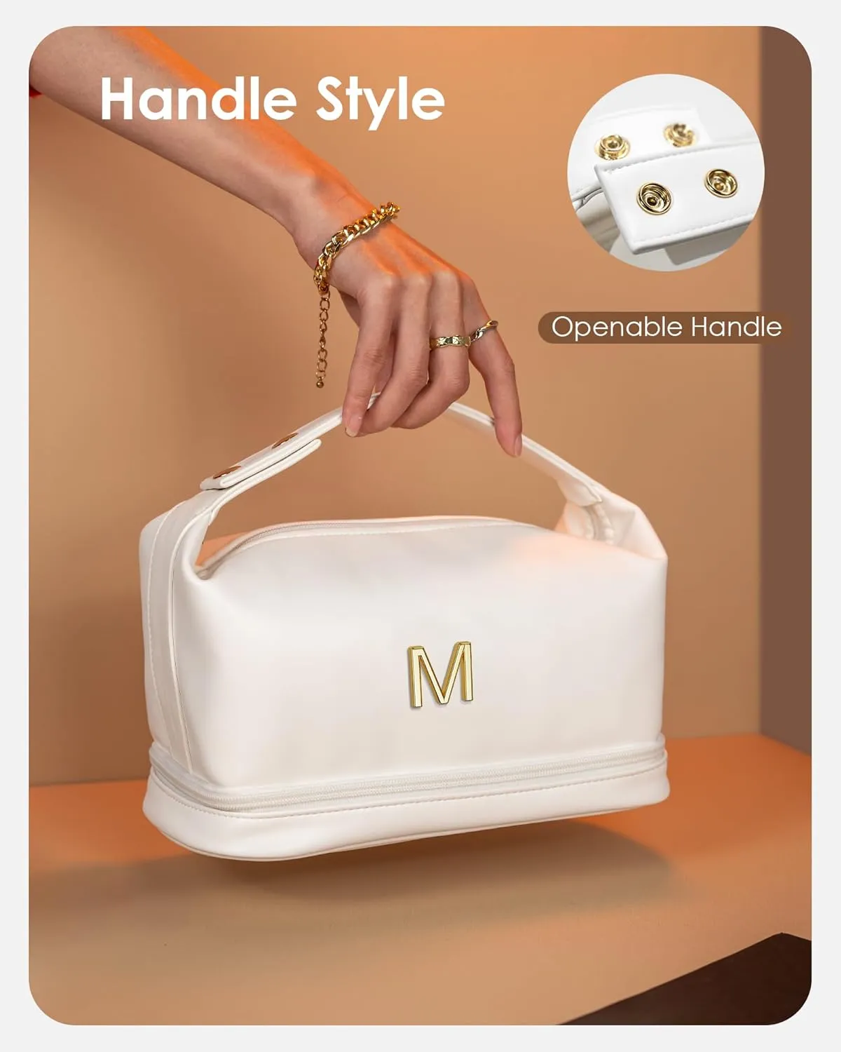 Initial Makeup Bag Personalized Bags with Handle, Waterproof Double Layer Cosmetic Bag, Large Capacity PU Leather Makeup Bags Letter Travel Toiletry Bag with Makeup Brush Organizer