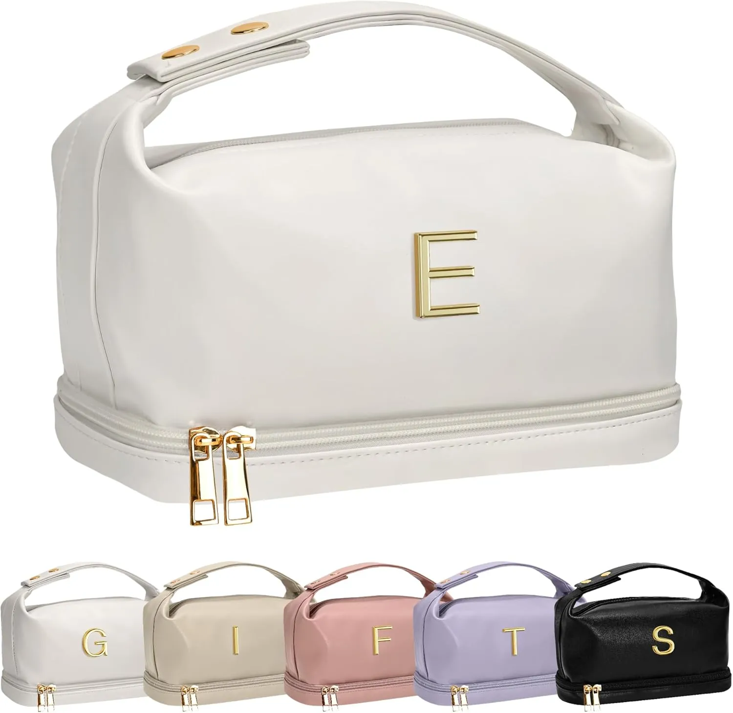 Initial Makeup Bag Personalized Bags with Handle, Waterproof Double Layer Cosmetic Bag, Large Capacity PU Leather Makeup Bags Letter Travel Toiletry Bag with Makeup Brush Organizer
