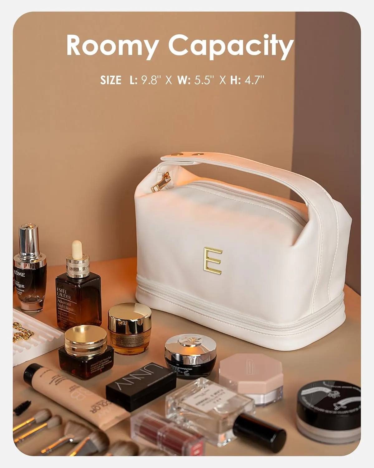 Initial Makeup Bag Personalized Bags with Handle, Waterproof Double Layer Cosmetic Bag, Large Capacity PU Leather Makeup Bags Letter Travel Toiletry Bag with Makeup Brush Organizer