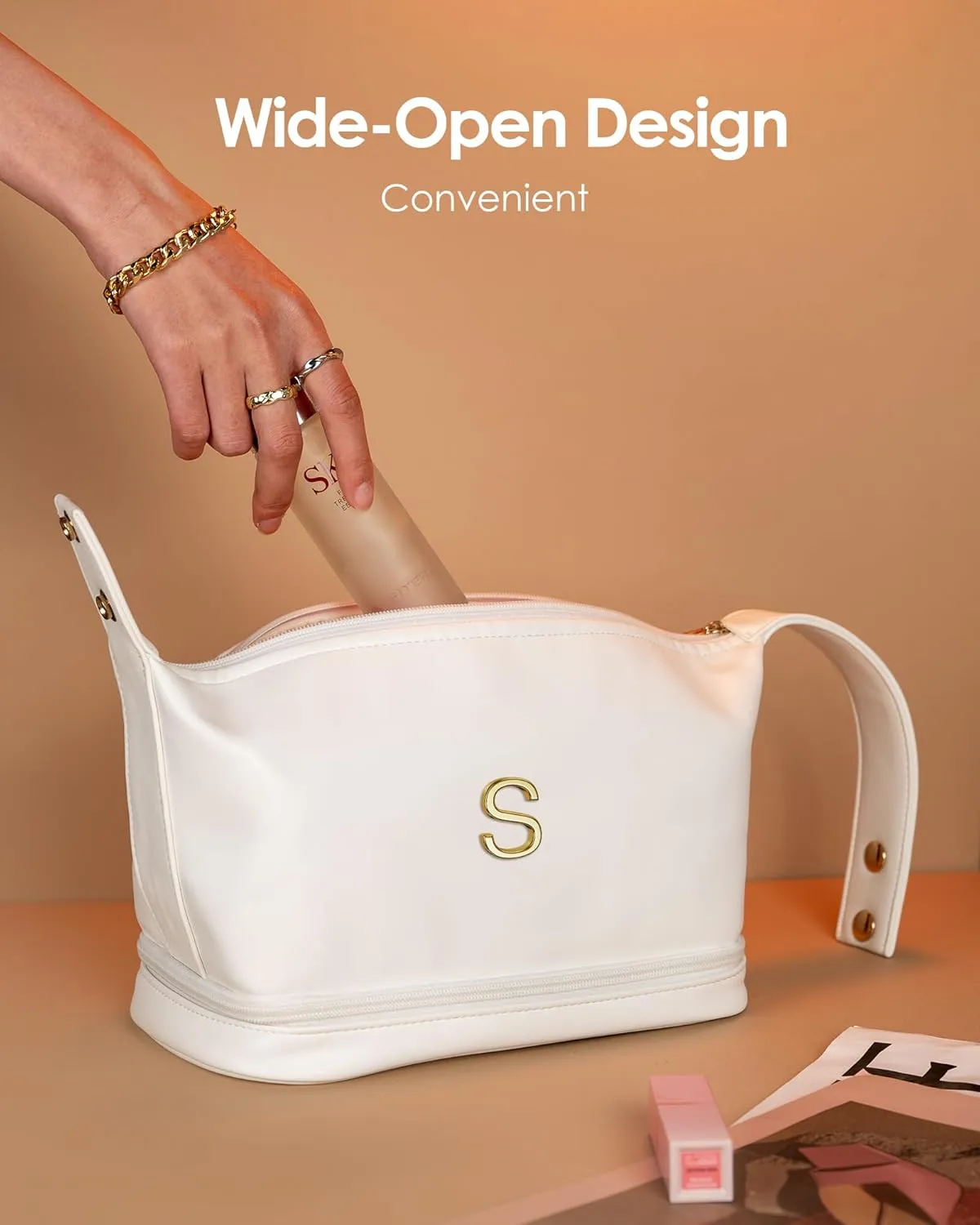 Initial Makeup Bag Personalized Bags with Handle, Waterproof Double Layer Cosmetic Bag, Large Capacity PU Leather Makeup Bags Letter Travel Toiletry Bag with Makeup Brush Organizer