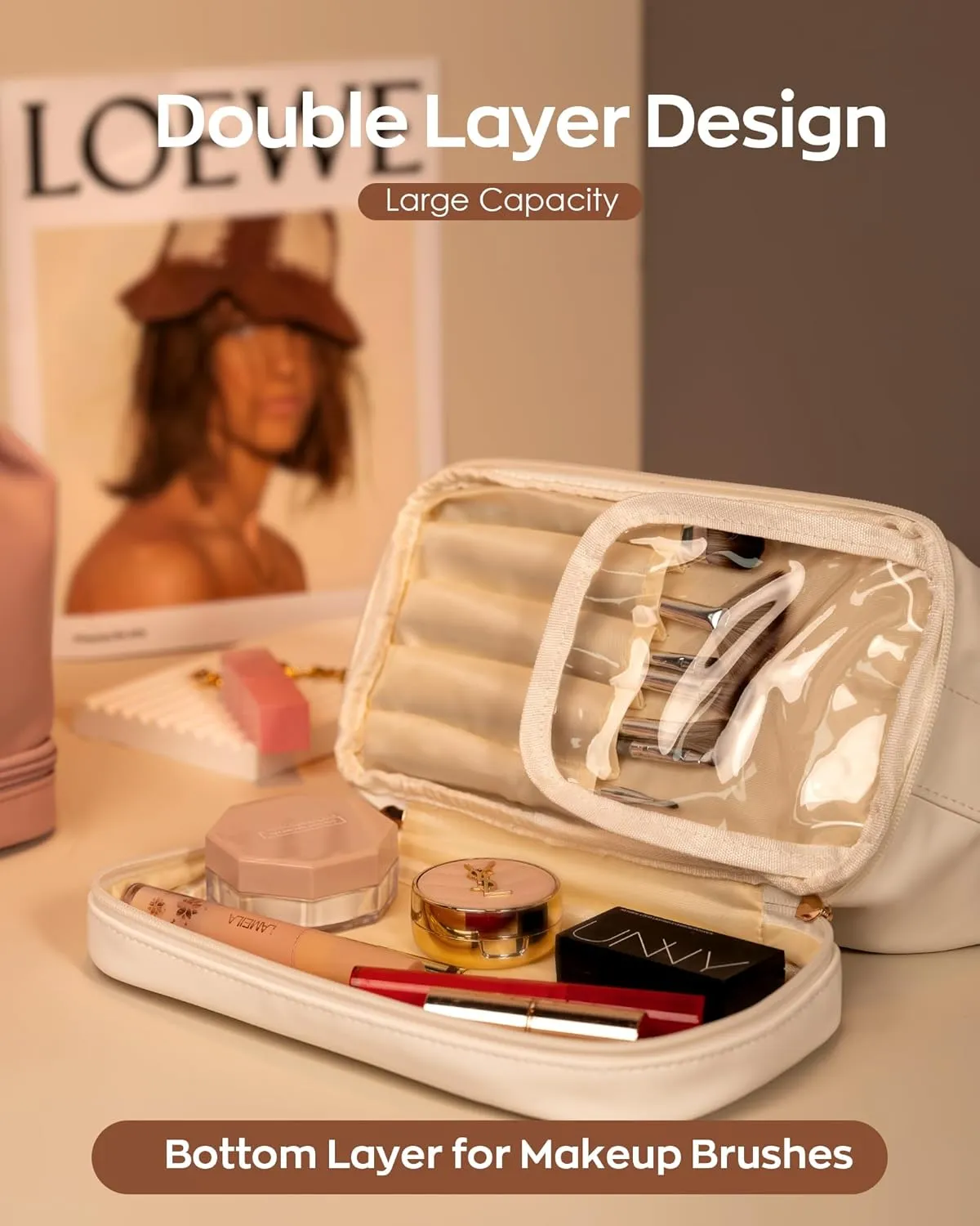 Initial Makeup Bag Personalized Bags with Handle, Waterproof Double Layer Cosmetic Bag, Large Capacity PU Leather Makeup Bags Letter Travel Toiletry Bag with Makeup Brush Organizer