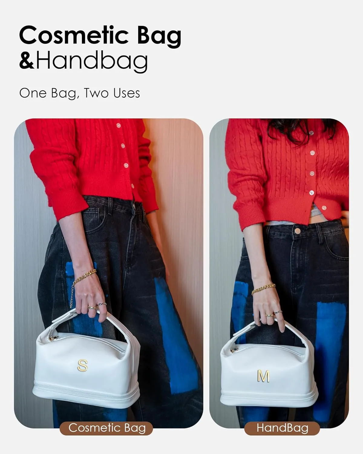 Initial Makeup Bag Personalized Bags with Handle, Waterproof Double Layer Cosmetic Bag, Large Capacity PU Leather Makeup Bags Letter Travel Toiletry Bag with Makeup Brush Organizer