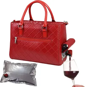 Insulated Drink Purse w/ 3L Bladder Bag | Thermal Hot and Cold Storage | Portable Drinking Dispenser for Wine, Cocktails, Beer, Alcohol | PU Leather Finish (Red Quilted)