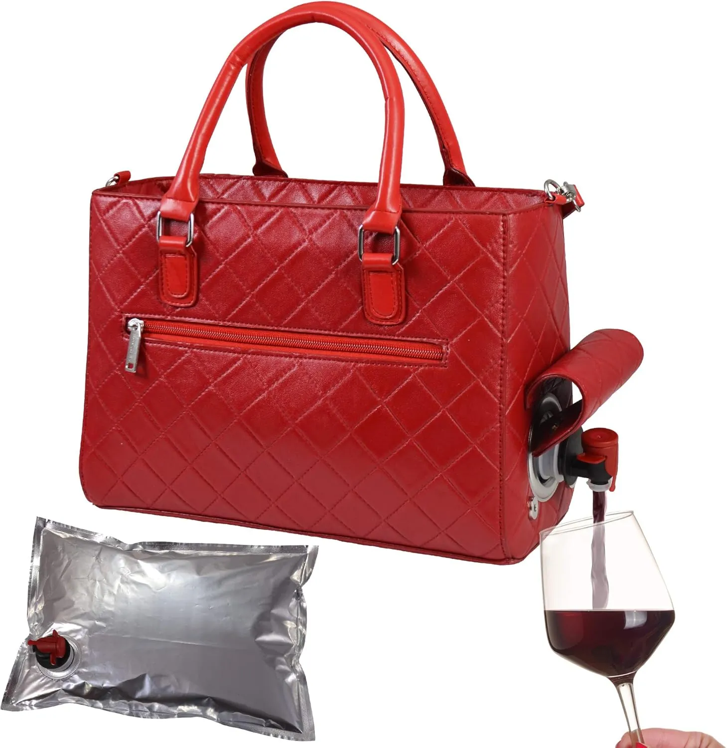 Insulated Drink Purse w/ 3L Bladder Bag | Thermal Hot and Cold Storage | Portable Drinking Dispenser for Wine, Cocktails, Beer, Alcohol | PU Leather Finish (Red Quilted)