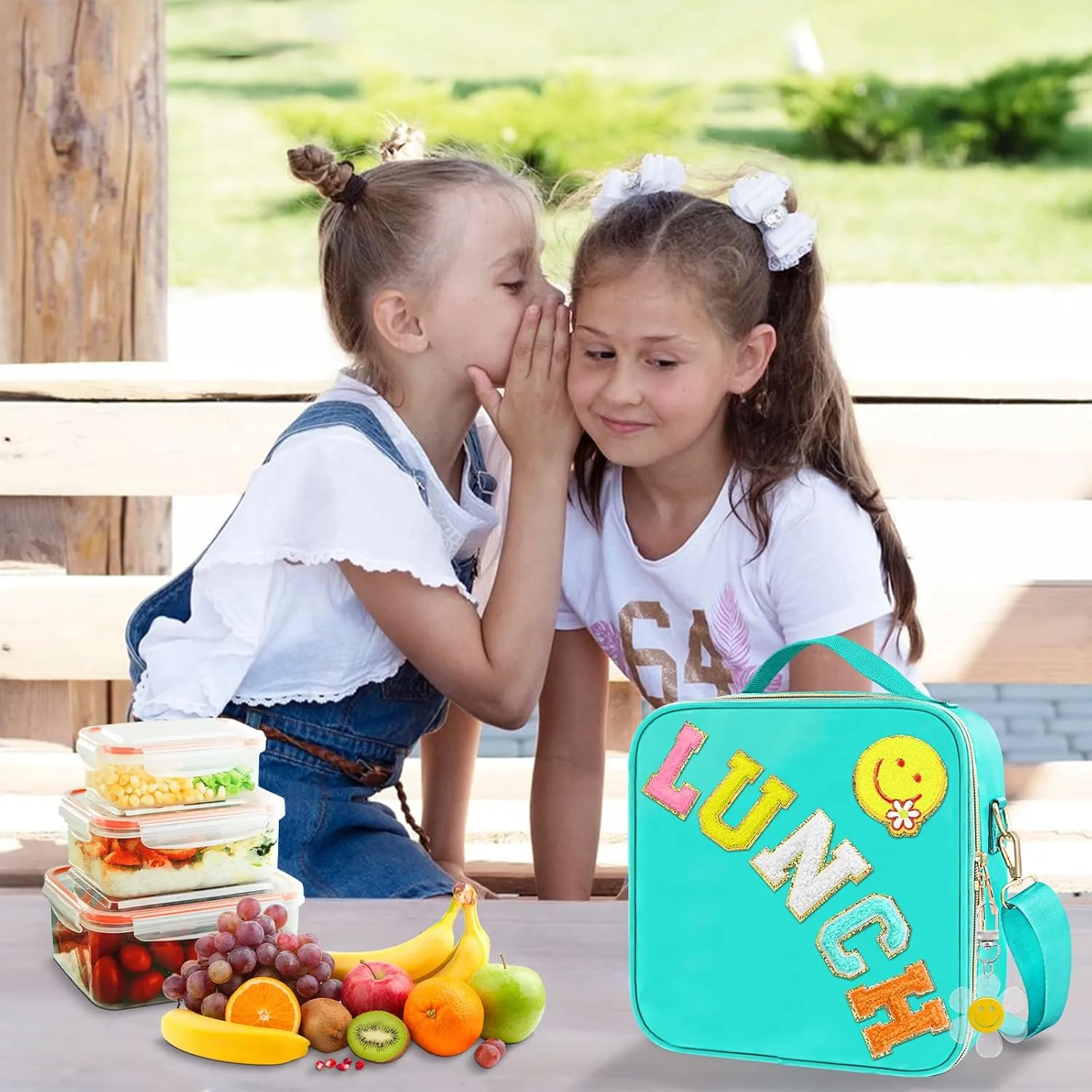 Insulated Girls Lunch Box, Preppy Lunch Box for Teen Girls， Cute Girls Lunch Bag for Kids, Large Reusable Cute Cooler Bag with Adjustable Shoulder Straps,Perfect for School Travel Picnic（Cyan)