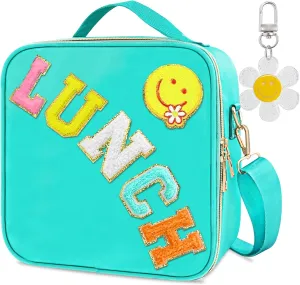 Insulated Girls Lunch Box, Preppy Lunch Box for Teen Girls， Cute Girls Lunch Bag for Kids, Large Reusable Cute Cooler Bag with Adjustable Shoulder Straps,Perfect for School Travel Picnic（Cyan)