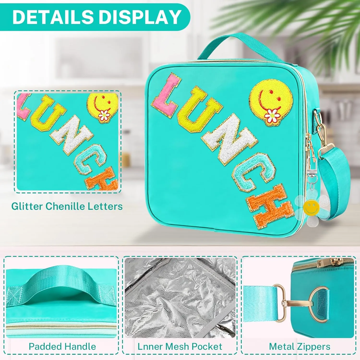 Insulated Girls Lunch Box, Preppy Lunch Box for Teen Girls， Cute Girls Lunch Bag for Kids, Large Reusable Cute Cooler Bag with Adjustable Shoulder Straps,Perfect for School Travel Picnic（Cyan)
